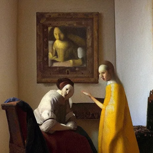Image similar to a perfect painting, intricated detailed painting in the style of Johannes Vermeer, of a dream that I dreamt that we left all the pain and sorrows behind. We looked into our eyes as we placed our hands on each other’s chest, and all the love and happiness that had been dampened by our wounds emerged like a sprout. It felt like home. Our bodies were covered by soothing colors. Blue, violet, pink and white rays of light caressed our hearts, and suddenly, we were one. It was always meant to be that way, even though our heads tried to fool us in the past. We were one. ethereal lights, details, smooth, sharp focus, illustration, realistic, cinematic, artstation, award winning, rgb , unreal engine, octane render, cinematic light, macro, depth of field, blur, red light and clouds from the back, highly detailed epic cinematic concept art CG render made in Maya, Blender and Photoshop, octane render, excellent composition, dynamic dramatic cinematic lighting, aesthetic, very inspirational, arthouse.