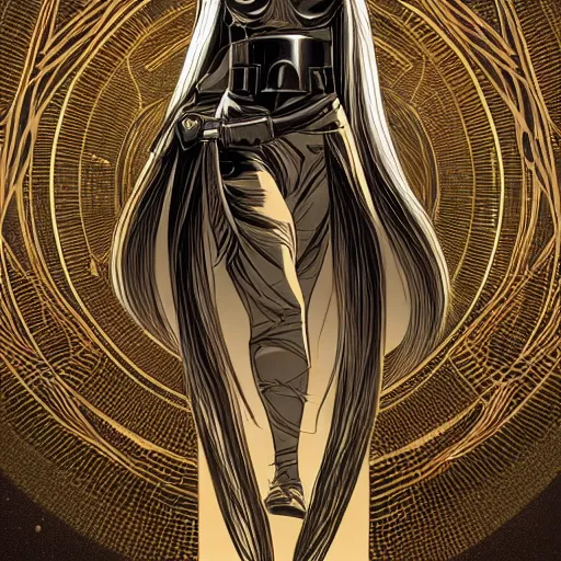 Prompt: gold and silver tones, star wars warrior princess, style of moebius, james jean, mcbess, long glowing ethereal hair, cinematic, highly detailed, award winning, 8 k photorealistic