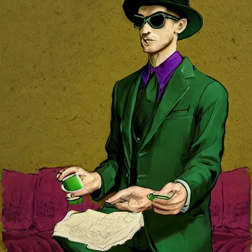 Prompt: man in green suit, with green hat, drinking tea, purple undershirt, Wearing Shades, highly detailed, fantasy, D&D, by Viktor Antonov