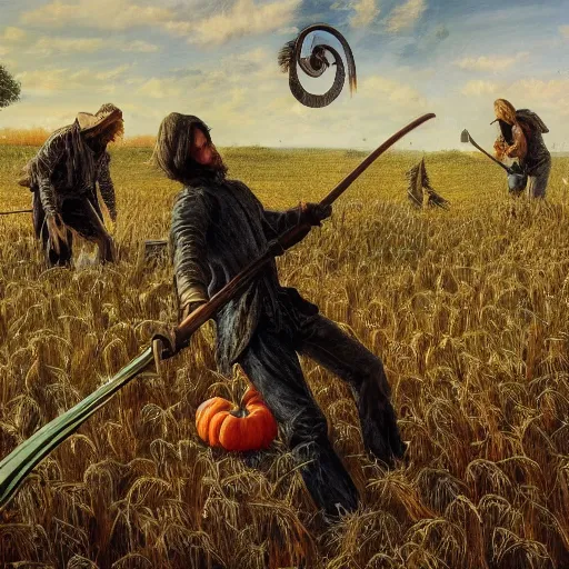 Image similar to death with a scythe takes its harvest in the field, ultrarealistic, photorealism, high quality, ultra detailed, 16k,