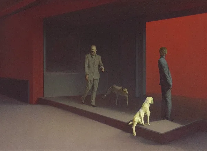 Image similar to portrait of a man and his dog, highly detailed, science fiction, Edward Hopper and James Gilleard, Zdzislaw Beksinski highly detailed
