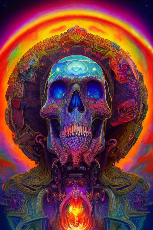 Prompt: gigantic skull of cosmic flames, neon mandala, fantasy painting, ultra realistic, wide angle, art nouveau, intricate details, digital painting, rainbowshift, vivid colors, highly detailed by peter mohrbacher, h. r. giger, maxfield parrish, craig mullins, octane render, cgi