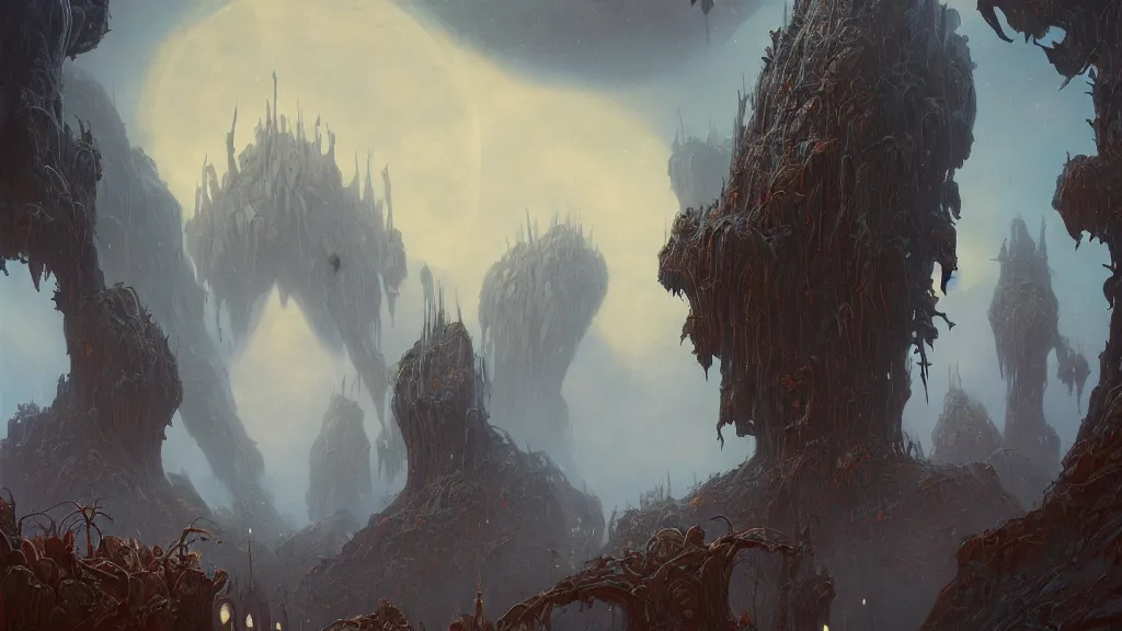 Image similar to eerie atmospheric alien planet with biomechanical plants by les edwards and vincent di fate and anato finnstark, epic cinematic matte painting