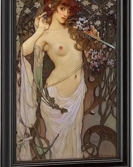 Prompt: an elf princess by Alphonse Mucha and edgar maxence