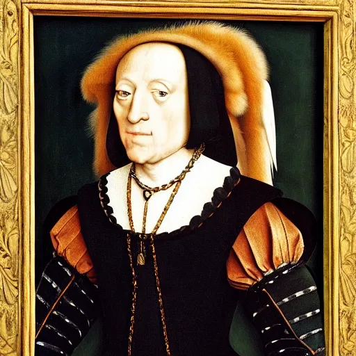 Image similar to a highly detailed renaissance oil painting of a raven dressed in elegant tudor clothes by hans holbein