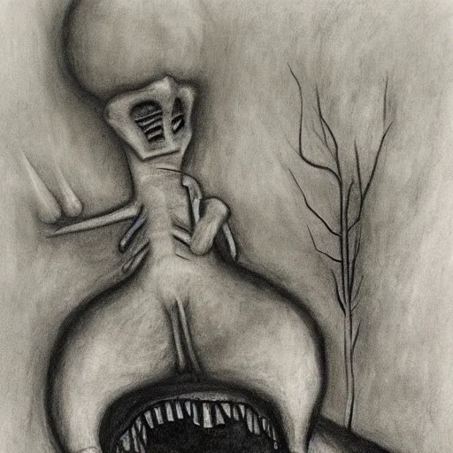 Image similar to surrealism charcoal drawing of the end of the world., horror,