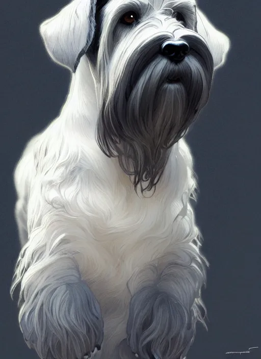 Image similar to portrait of stoic looking miniature schnauzer, black fir, white eyebrows, fantasy, intricate, elegant, highly detailed, digital painting, artstation, concept art, smooth, sharp focus, illustration, art by artgerm and greg rutkowski and alphonse mucha