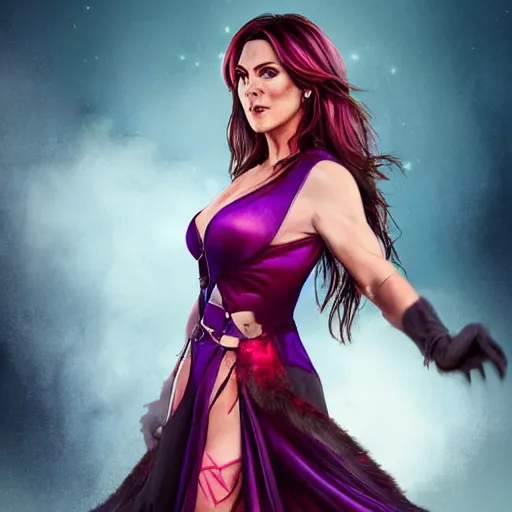 Image similar to illustrated hyper realistic portrait of Elizabeth Hurley as devil with purple-hair, red-dress, epic action pose by rossdraws, award winning epic HD photography