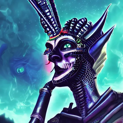 Prompt: a detailed portrait of a frighteningly fashionable egyptian god demon wearing cyberpunk clothing in the style of stephen gammall and mobius, william blake, rembrandt, raphael, giger, artstation, ornate, award - winning art, 8 k, vivid color scheme, tilt shift focus, cinematic