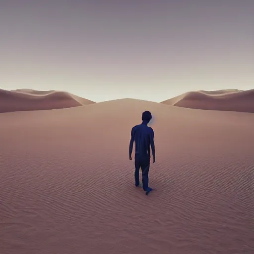 Prompt: glitchy human in a white sand desert, long shot photography, disordered pixelsorting, hyperrealistic video game concept art