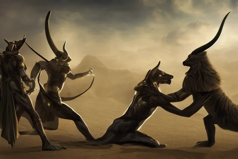 Image similar to battle to the death between anubis and loki, 4 k, hd, concept art