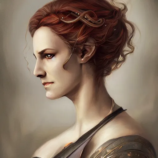 Image similar to a detailed matte head - on portrait painting of an middle - aged half - tiefling noblewoman with golden eyes and short well kept hair, by charlie bowater, lise deharme, wlop, tending on arstation, dungeons and dragon, dnd, pathfinder, fanart, oil on canvas