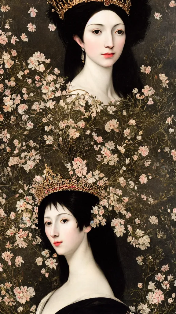 Image similar to a closeup portrait of a beautiful black haired woman with pale skin and a crown on her head sitted on an intricate metal throne, in an infinite landscape of flowers, photograph by caravaggio, canon eos c 3 0 0, ƒ 1. 8, 3 5 mm, 8 k, medium - format print