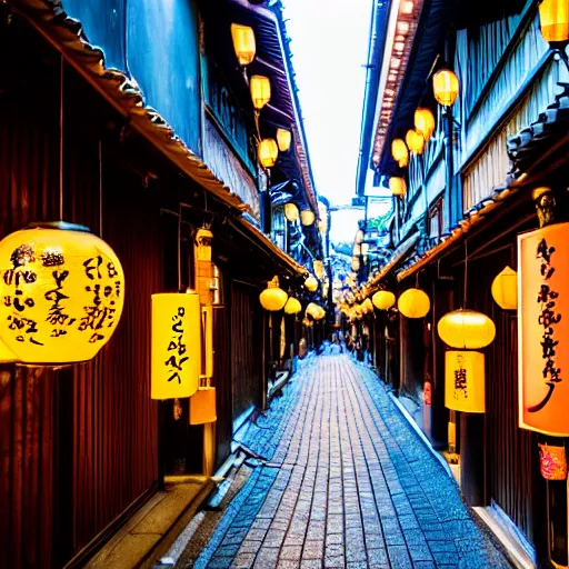 Image similar to night photography of kyoto alleyway at night, golden lanterns, traditional and modern store fronts, bokeh, award winning, dslr, nikon