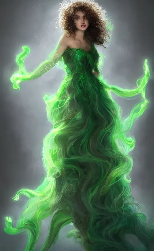 Image similar to a young woman with wild, curly hair and bright green eyes. she's wearing a flowing dress made of light, airy fabric and she has a mischievous look on her face, dynamic lighting, photorealistic fantasy concept art, trending on art station, stunning visuals, creative, cinematic, ultra detailed