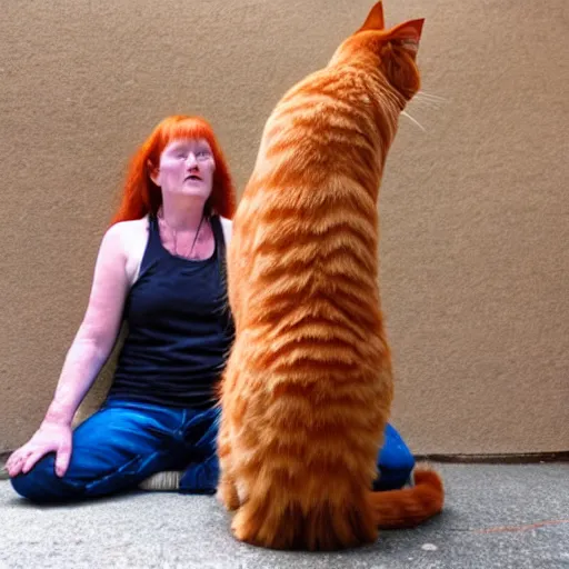 Prompt: ginger cat being god and god is kneeling before the cat