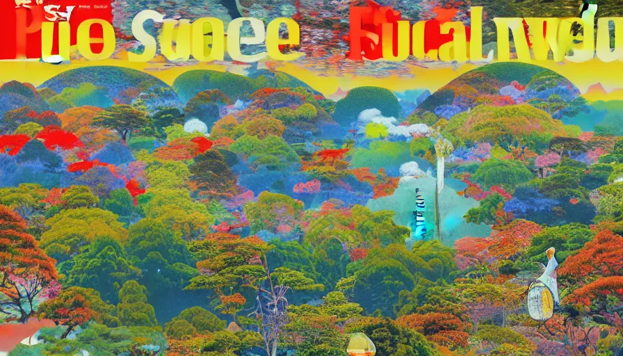 Prompt: Japan rural splendor rail travel and touring c2050, surrealist psychedelic photo-collage painting in the style of Newsweek magazine, +81 magazine, Roger Dean, Yoshio Awazu, vivid color