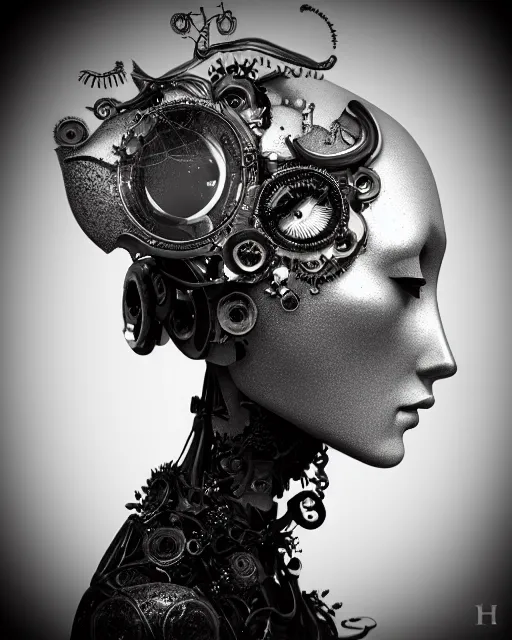 Image similar to black and white dreamy foggy smoky profile face portrait, one silver steampunk realistic eye biomechanical beautiful young female cyclope - cyborg - robot bust, body ribs meshes,, volumetric light, hibiscus flowers, by hg giger man ray, rim light, big gothic fashion pearl embroidered collar, 8 k