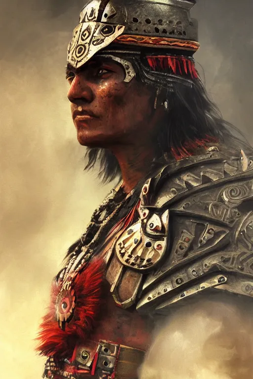 Image similar to aztec warrior, close - up portrait, fierce, intricate, elegant, volumetric lighting, scenery, digital painting, highly detailed, artstation, sharp focus, illustration, concept art, ruan jia, steve mccurry