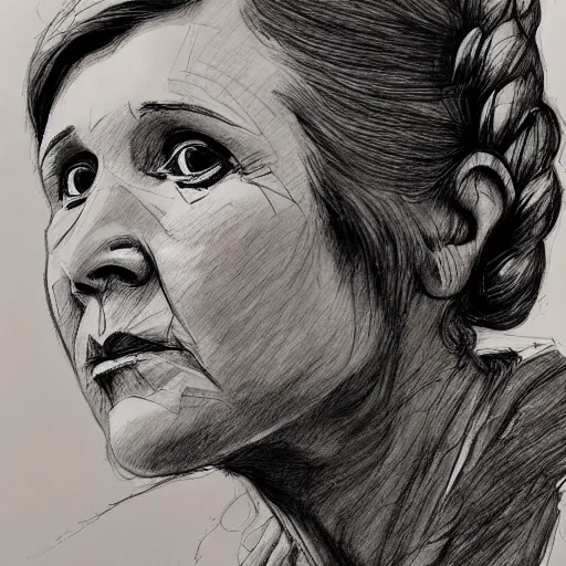 Prompt: a realistic yet scraggly portrait sketch of the side profile of a stern and sophisticated carrie fisher, trending on artstation, intricate details, in the style of frank auerbach, in the style of sergio aragones, in the style of martin ansin, in the style of david aja, in the style of mattias adolfsson