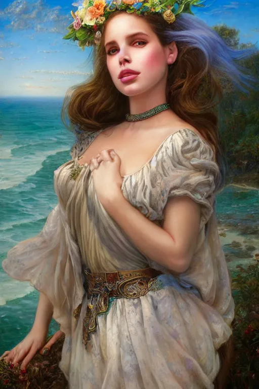 Image similar to Lana Del Rey, Lilia Alvarado, Sophie Anderson, Mark Arian, Bob Byerley, Charlie Bowater, Mark Brooks, Steve Henderson, Justin Gerard, Arthur Hughes, Edward Robert Hughes, Mark Keathley, Victor Nizovtsev, Carlos Shwabe, Ross Tran, WLOP