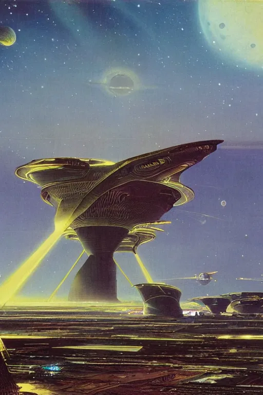 Image similar to a spaceport in an empty landscape, cosmic sky sci - fi vivid by bruce pennington
