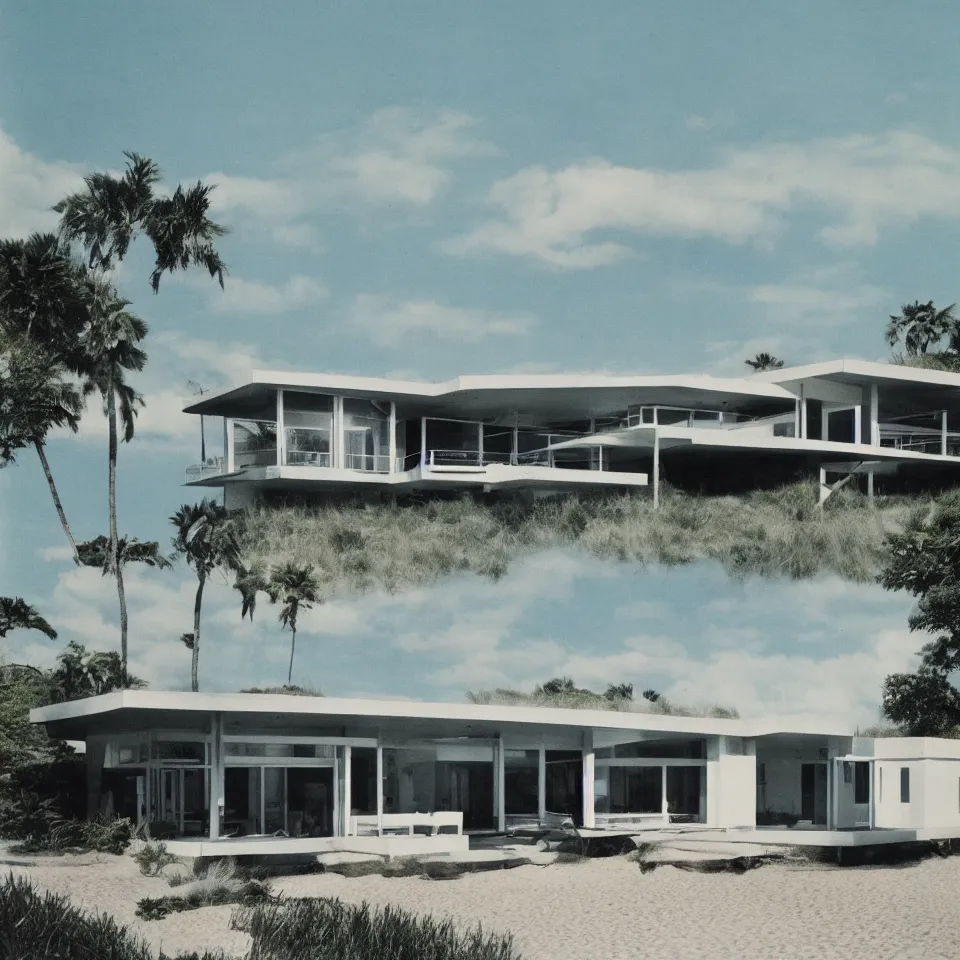 Prompt: architecture ad for a mid-century modern house on the beach, designed by Miles van der rohe. Film grain, cinematic, colorized, blue hue