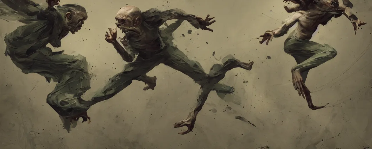 Image similar to duotone olive green grey illustration 3 / 4 portrait of gollum doing kunfu air kicks. dynamic chaotic composition accidental renaissance golden ratio. by sachin teng and sergey kolesov and ruan jia and heng z. graffiti art, scifi, fantasy, hyper detailed. octane render. concept art. trending on artstation