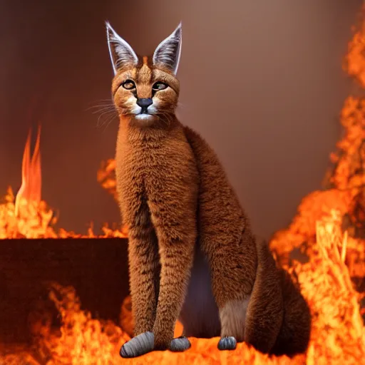 Prompt: wide-angle photo of fluffy caracal sitting on a wooden chair in a room, flames of fire at background, octane render, 3d, 8k, hd, studio light