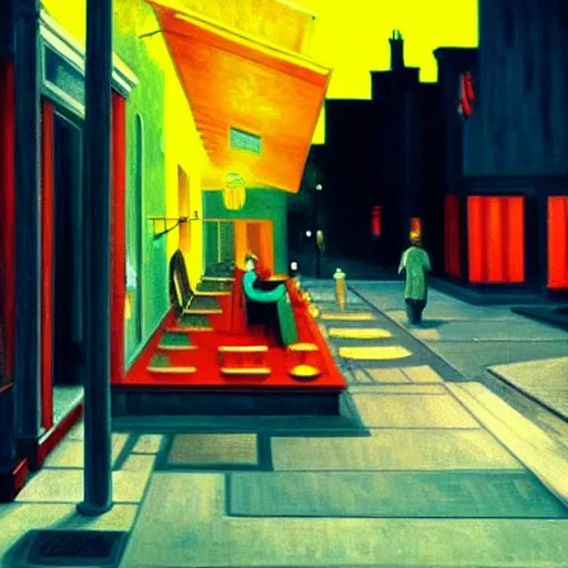 Prompt: a lonely street at night with a sad man in a jacket sitting on the street, in the style of Edward Hopper, 4K,