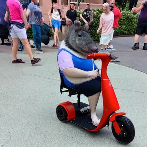 Image similar to morbidly obese rat riding a mobility scooter at disneyworld, photo