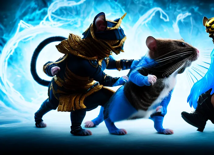 Image similar to hamster dressed as sub zero fights a cat dressed as scorpion in mortal kombat on the background of a laughing shao khan. fantasy magic style. highly detailed 8 k. intricate. lifelike. soft light. sony a 7 r iv 5 5 mm. unreal engine with nanite and path tracing