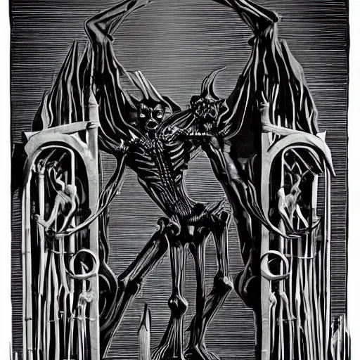 Prompt: In the center of the sculpture is a large gateway that seems to lead into abyss of darkness. On either side of the gateway are two figures, one a demon-like creature, the other a skeletal figure. vector art, cyanotype by Greg Land flowing