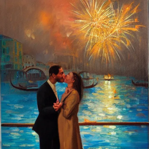 Image similar to an oil painting of couple kissing, in a background fireworks in venice