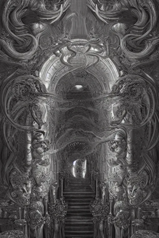 Image similar to a beautiful 3 d gigantic golden hell's gate osborne robert mandel artstation unreal 8 k ， greco - roman art, intricate complexity, gilded swirls on monochrome, occult propaganda, in the thick fog