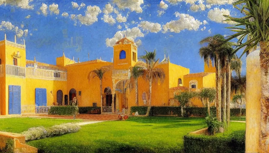 Image similar to a 1 9 9 8 southern spain palace!!! costa blanca, designed by jules bastien - lepage, bispo do rosario, arnold bocklin, tarsila do amaral and gustave baumann, cheval michael, warm, mediterranean, star, sharp focus, colorful refracted sparkles and lines, soft light, 8 k 4 k