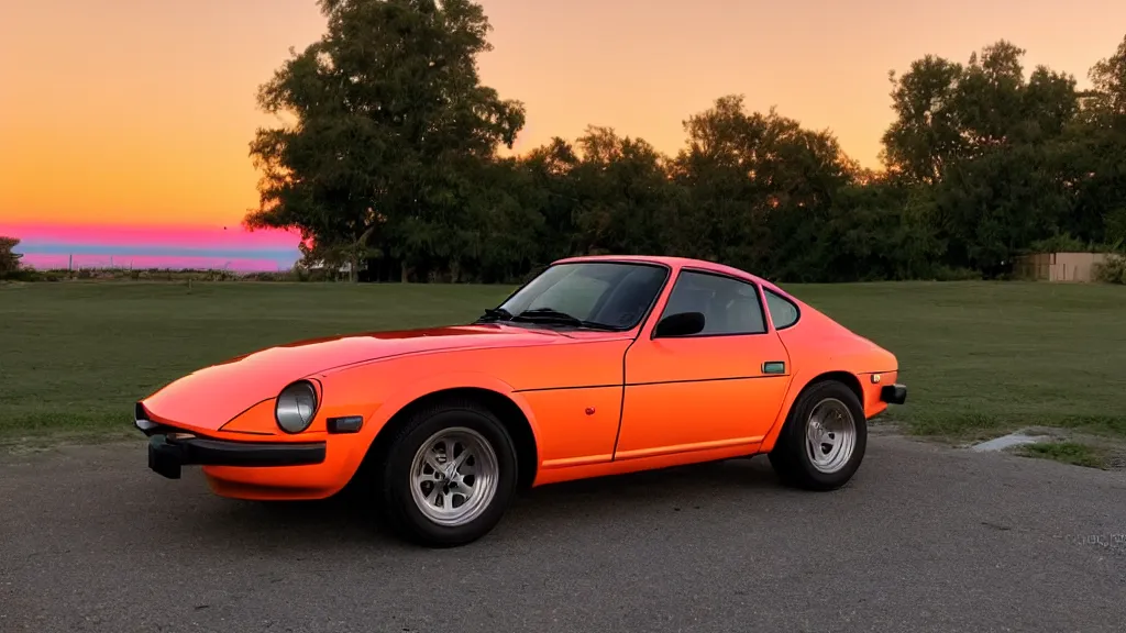 Image similar to neon synthwave 1 9 7 5 datsun 2 6 0 z at sunset, 8 k. filling most of the view