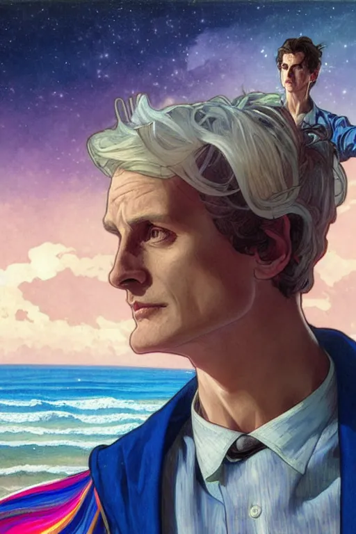 Image similar to doctor who, william hartnel on a beach, wearing a blue shirt with horizontal rainbow stripe, the ocean in the background, swirling colourful stars in the background, art by artgerm and greg rutkowski and alphonse mucha