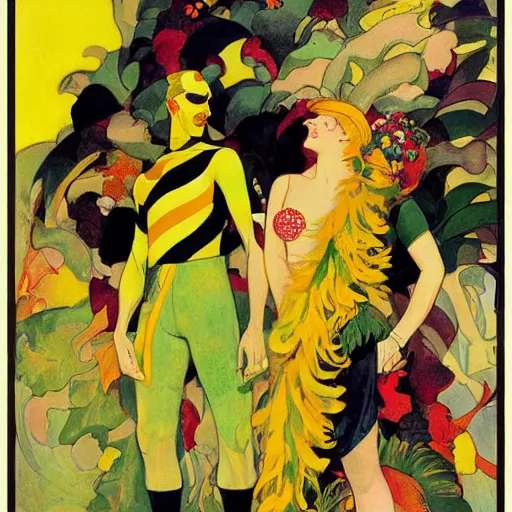 Prompt: art by joshua middleton, the yellow creeper, a tall manically smiling yellow - skinned man with green and black striped cycling shorts and wearing a long red feather boa, mucha, kandinsky, poster, comic art, stylised design