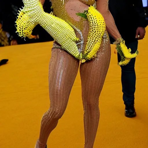 Image similar to full body photo of jennifer lopez, she is wearing a costume of corn on a cob