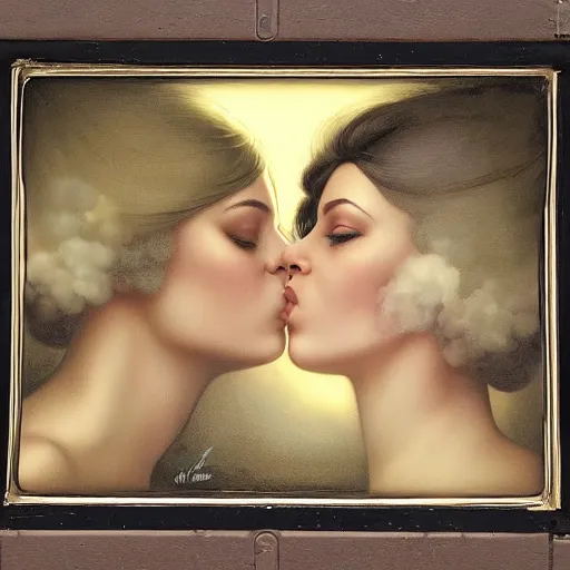 Image similar to two women kissing on the street, tom bagshaw style,