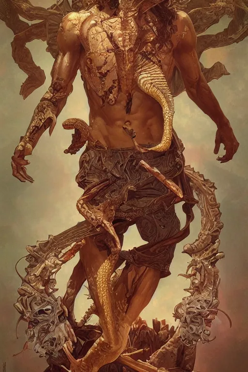 Prompt: fullbody!! dynamic action pose, jesus christ with the head of a lizard, reptilian scales, holy cross, religious, intricate, elegant, highly detailed, digital painting, artstation, concept art, smooth, sharp focus, illustration, art by artgerm and greg rutkowski and alphonse mucha