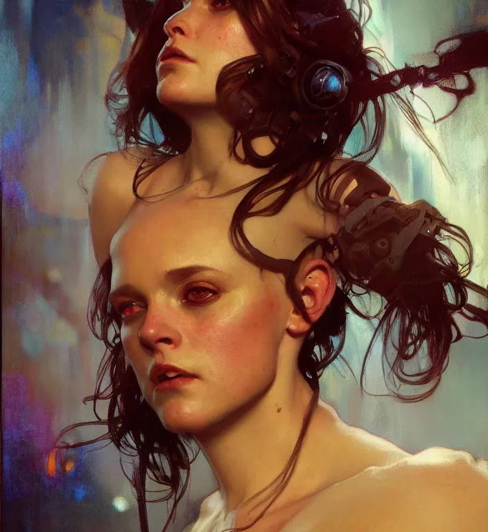 Image similar to hyperrealist portrait of lady terminator. by jeremy mann and alphonse mucha, seductive fantasy art, photo - realistic, dynamic lighting, artstation, poster, volumetric lighting, very detailed faces, 8 k, award - winning, golden hour