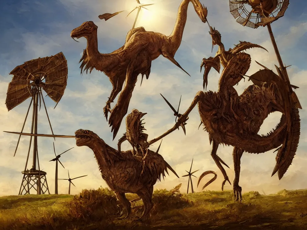 Prompt: portrait of don quixote sitting on a velociraptor in front of a windmill, summer, sun in the zenith, digital art, highly detailed, stunning scene, 4 k, realism, stunning scene, bright colors, trending on artstation, masterpiece