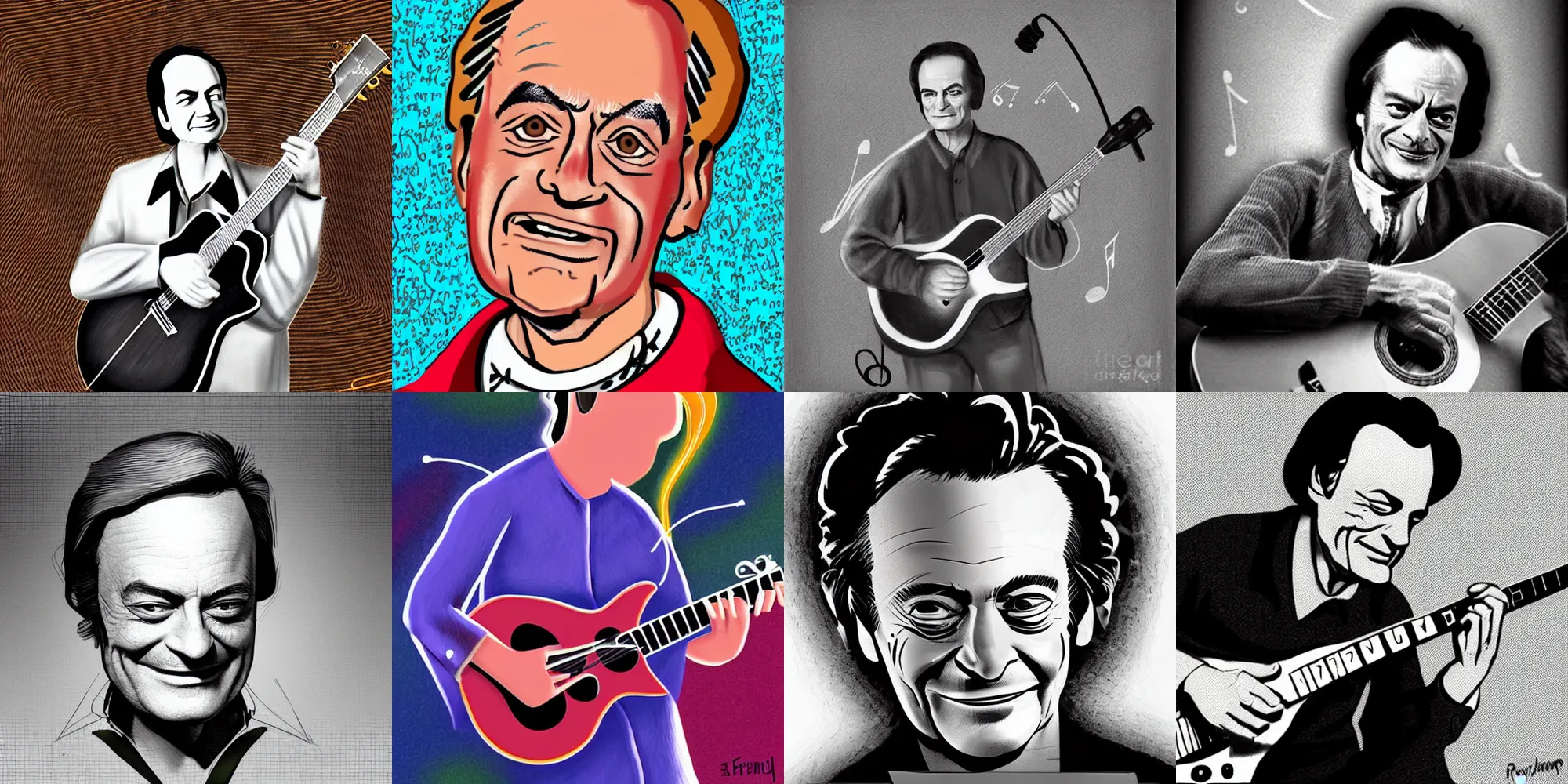 Prompt: richard feynman playing the guitar, hairstyle making musical notes, like coming music out of hair, 2d digital art