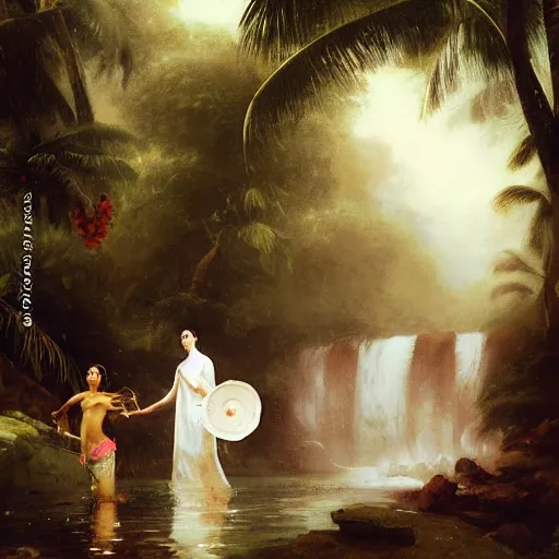 Image similar to monsoon on tropical island, oriental goddess in white, elegant, frontal, ornate, beautiful, atmosphere, vibe, mist, coconuts, rain, wet, pristine, puddles, melting, dripping, snow, creek, lush, ice, bridge, forest, roses, flowers, by stanley artgerm lau, greg rutkowski, francisco de goya