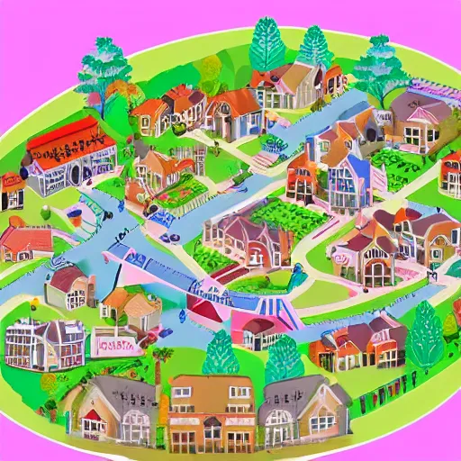 Prompt: a town map with town hall and playground pastel