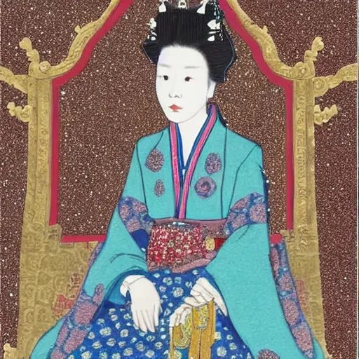 Prompt: a young queen elizabeth sitting on a joseon dynasty style throne, classy, silver glitter background with triptychs