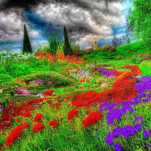 Prompt: a landscape full of flowers and colors in the style of alice in wonderland, hdr