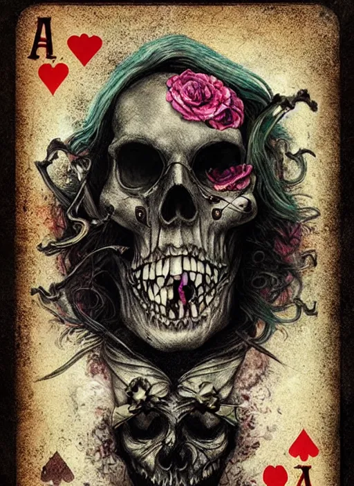 Prompt: alice in wonderland death tarot card, highly detailed, half skull face, cinematic, 8 k, bymegan duncanson, benjamin lacombe, naoto hattori, giger, trending on deviantart, hyper detailed, horror, full of colour